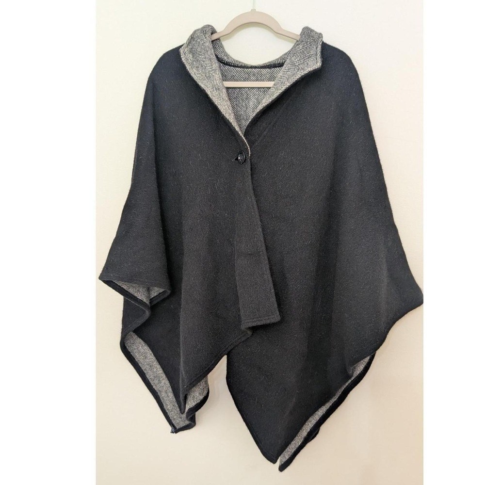 Reversible Wool Angora Poncho Black Herringbone Wrap Cape Quiet Luxury Cozy